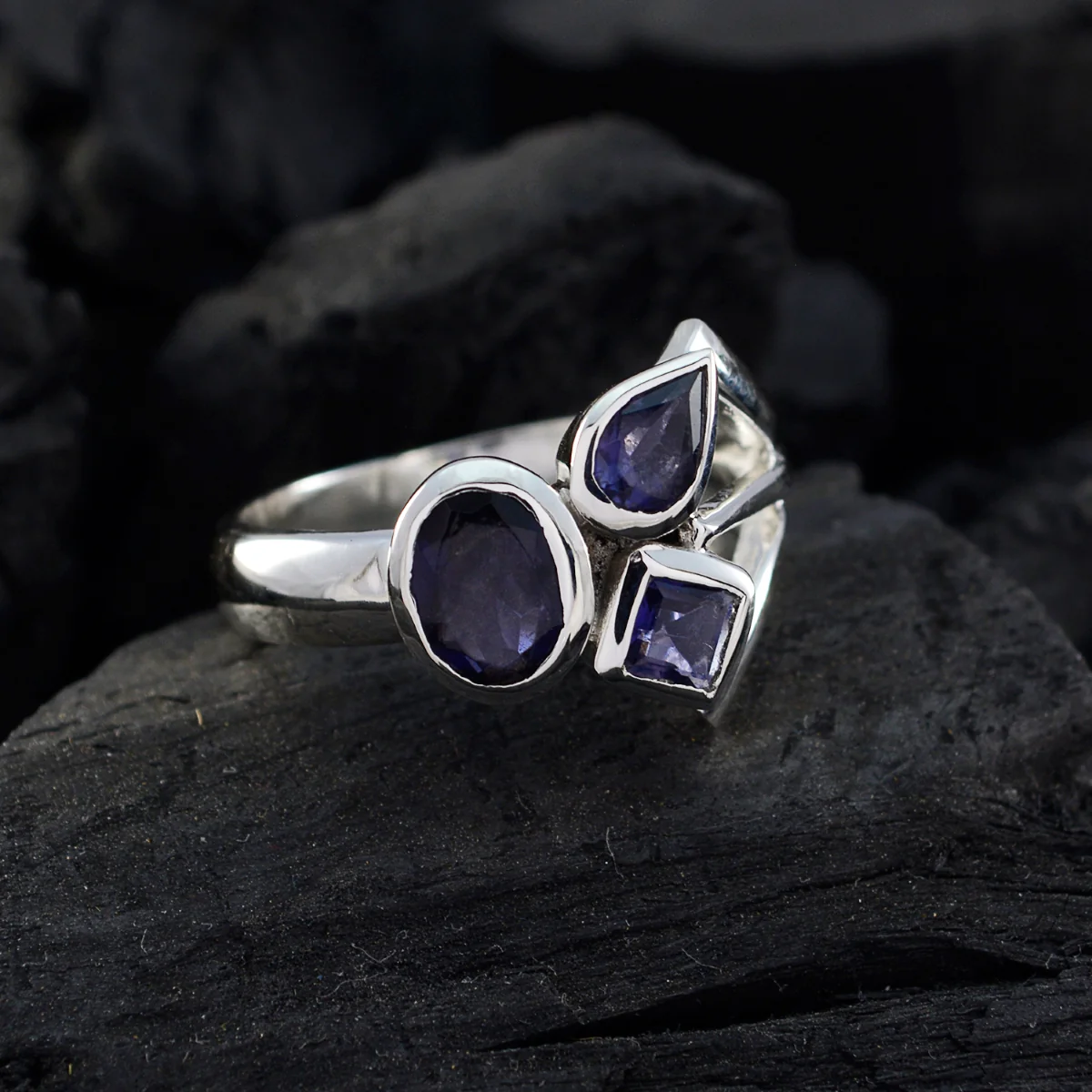 Iolite Trilogy French 925 Sterling Silver Blue Gemstone Eye-catching Abstract Ring Jewellery - Image 5