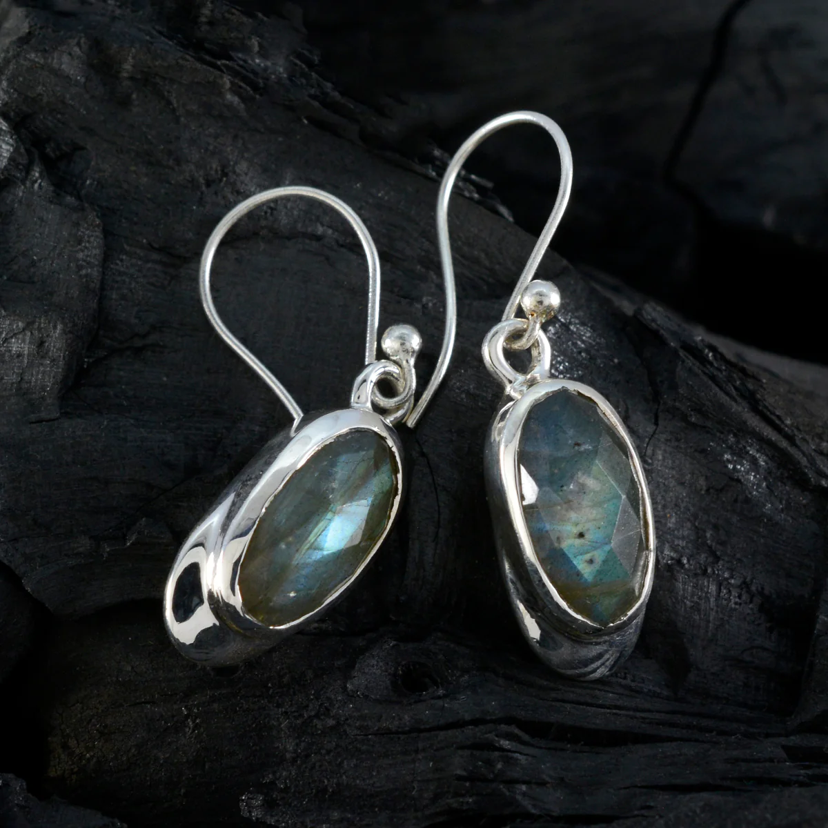 Labradorite French Eleanor Solitaire Dangle Gray 925 Silver Earring - Image 2