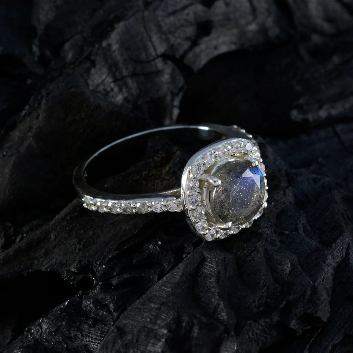 Labradorite Halo Russian Sterling Silver Gray Gems Slim Feminine Ring Jewelry - Image 4
