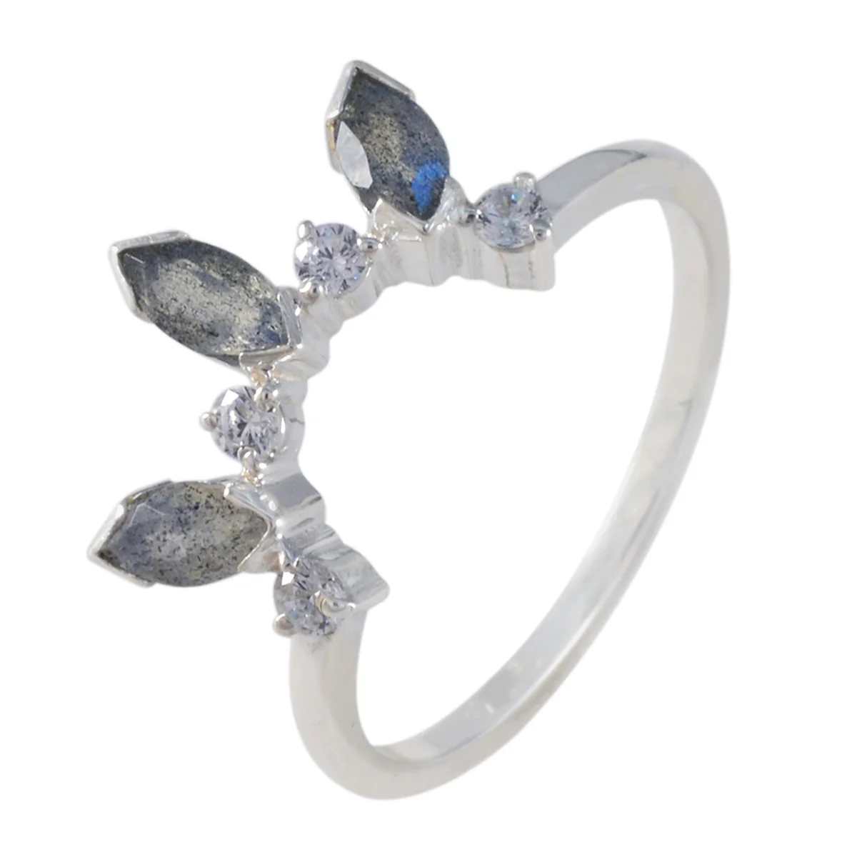 Labradorite multiple Korean 925 Sterling Silver Gray Gemstone Delicate crown Ring Jewelry