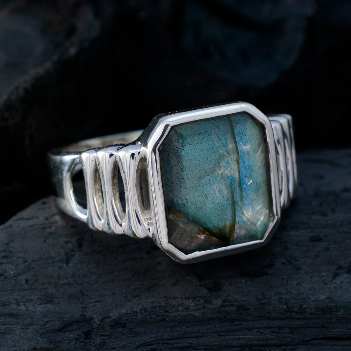 Labradorite Solitaire French Sterling Silver Gray Gemstones Mid-weight Signet Ring Jewellery - Image 4