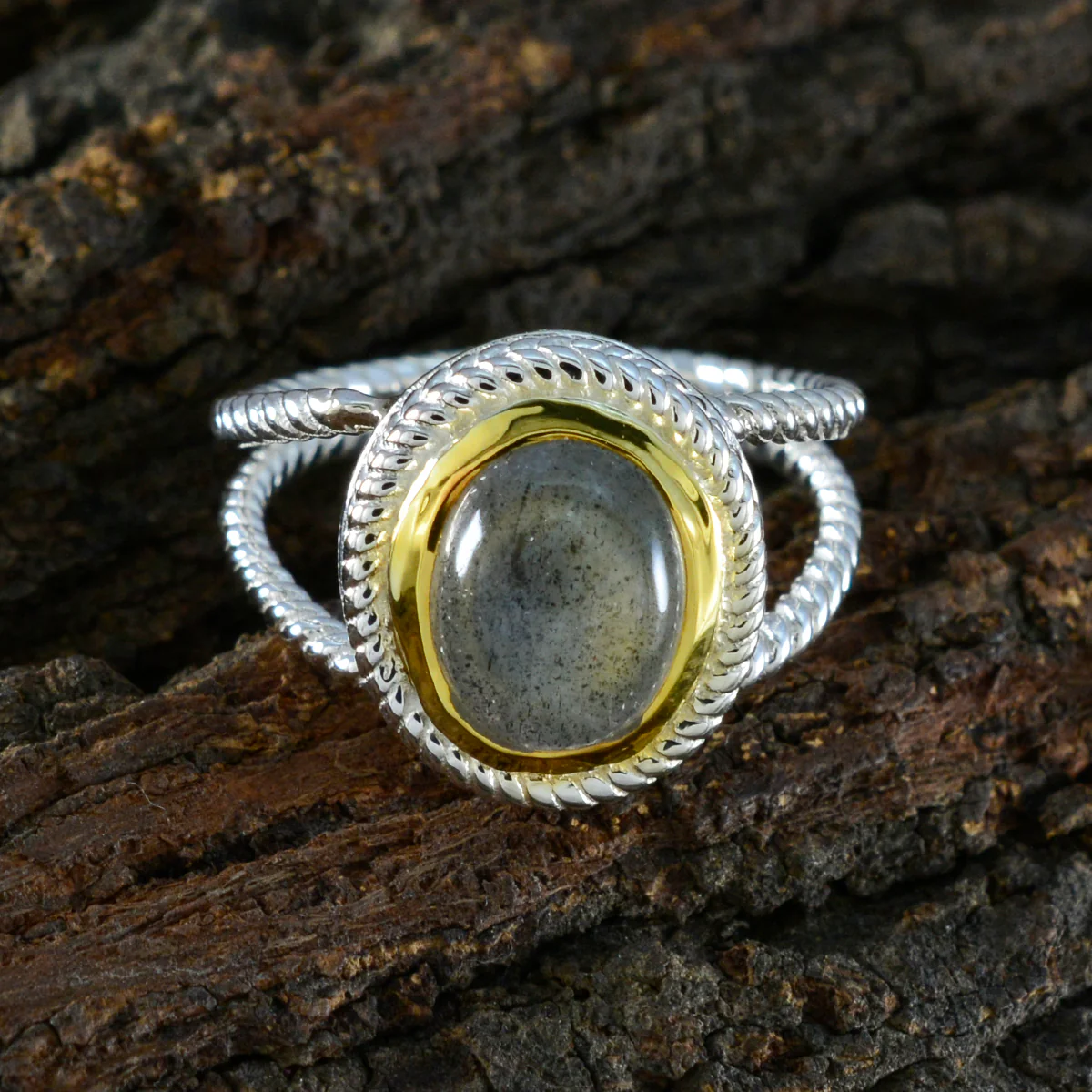 Labradorite Solitaire Italian Silver Gray Gemstones Classic Rope-Wire Ring Jewellery - Image 3