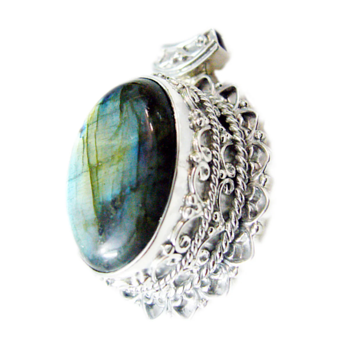 Labradorite Statement Latin American 925 Silver Solitaire Zoe Rope-Wire Gray Pendant Jewelry - Image 2