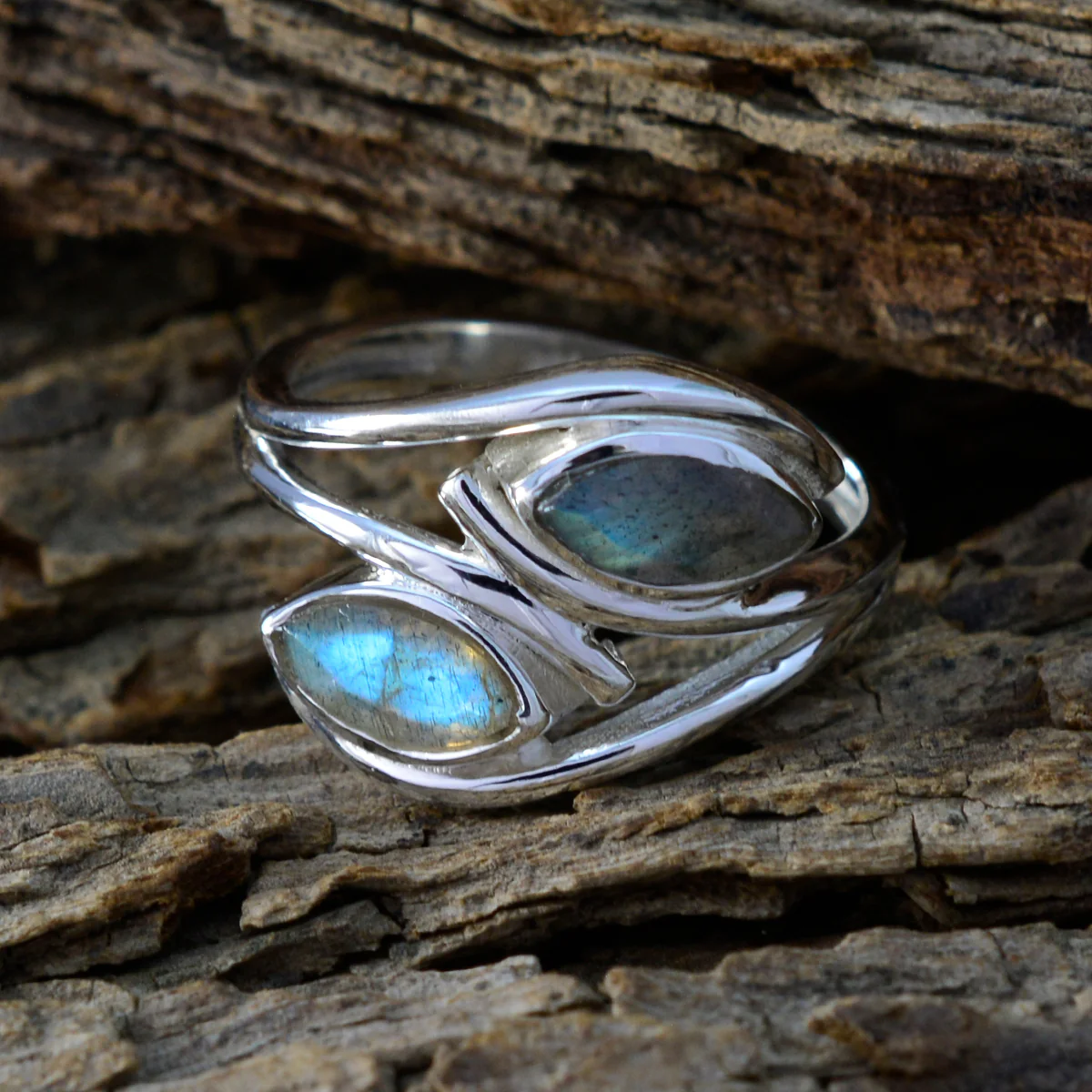 Labradorite Toi et Moi German 925 Sterling Silver Gray Gems Slim Abstract Ring Jewelry - Image 3
