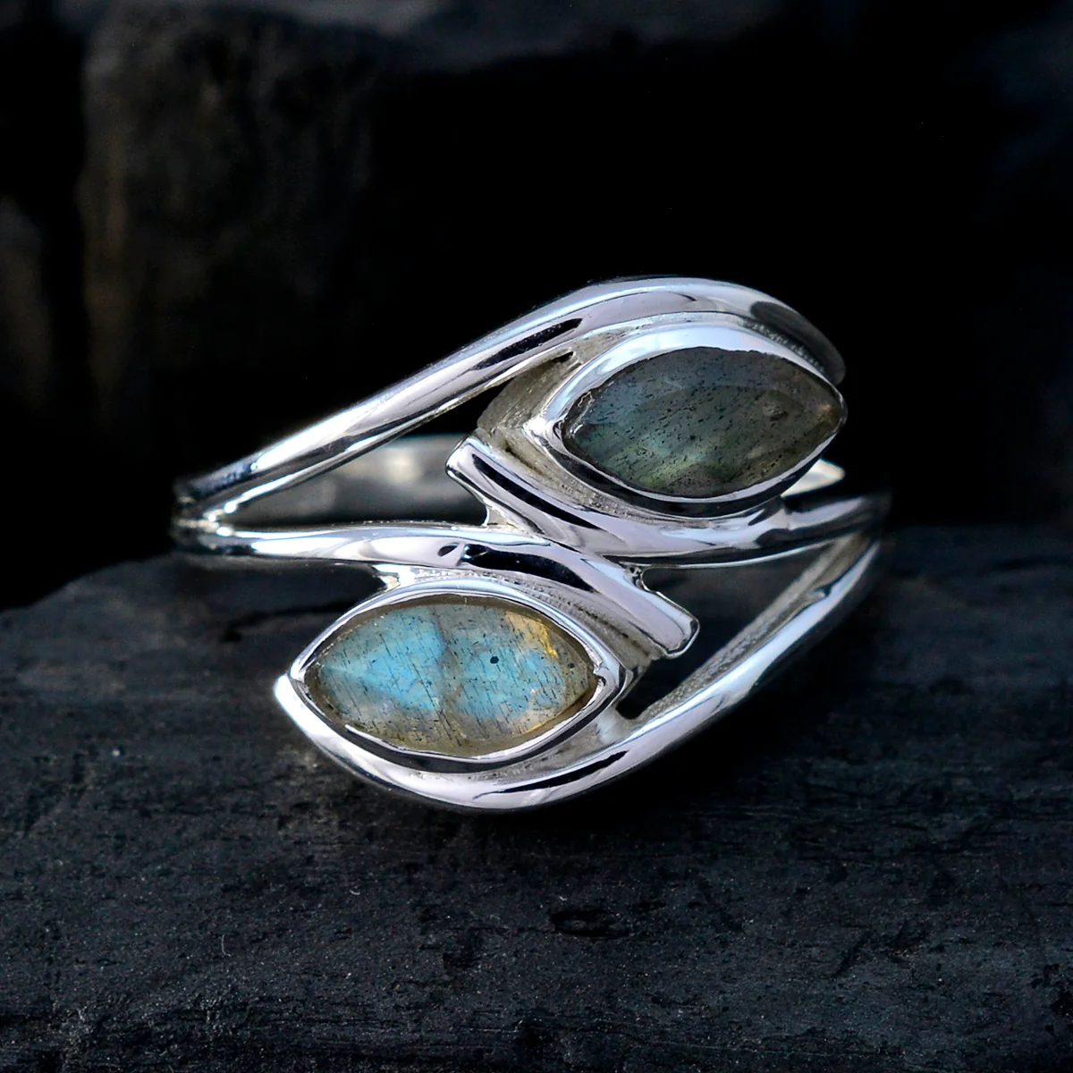 Labradorite Toi et Moi German 925 Sterling Silver Gray Gems Slim Abstract Ring Jewelry - Image 4