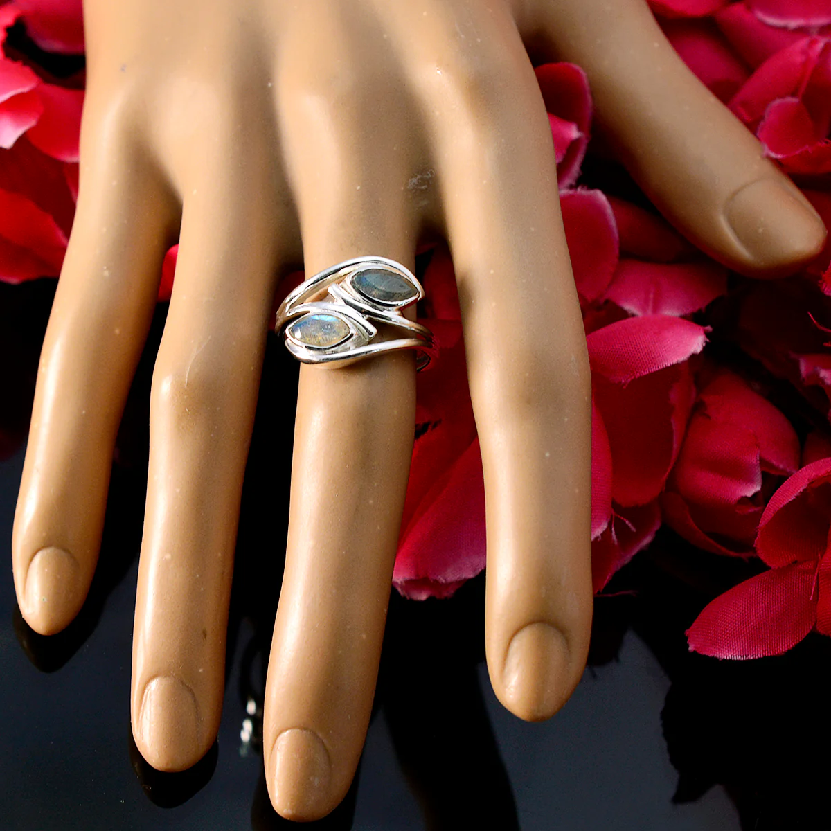 Labradorite Toi et Moi German 925 Sterling Silver Gray Gems Slim Abstract Ring Jewelry - Image 5