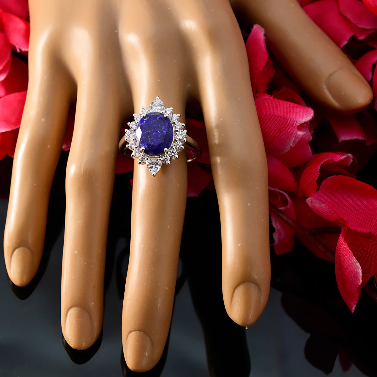 Lapis Lazuli Halo Moroccan Sterling Silver Blue Gems Eye-catching Modern Ring Jewelry - Image 5