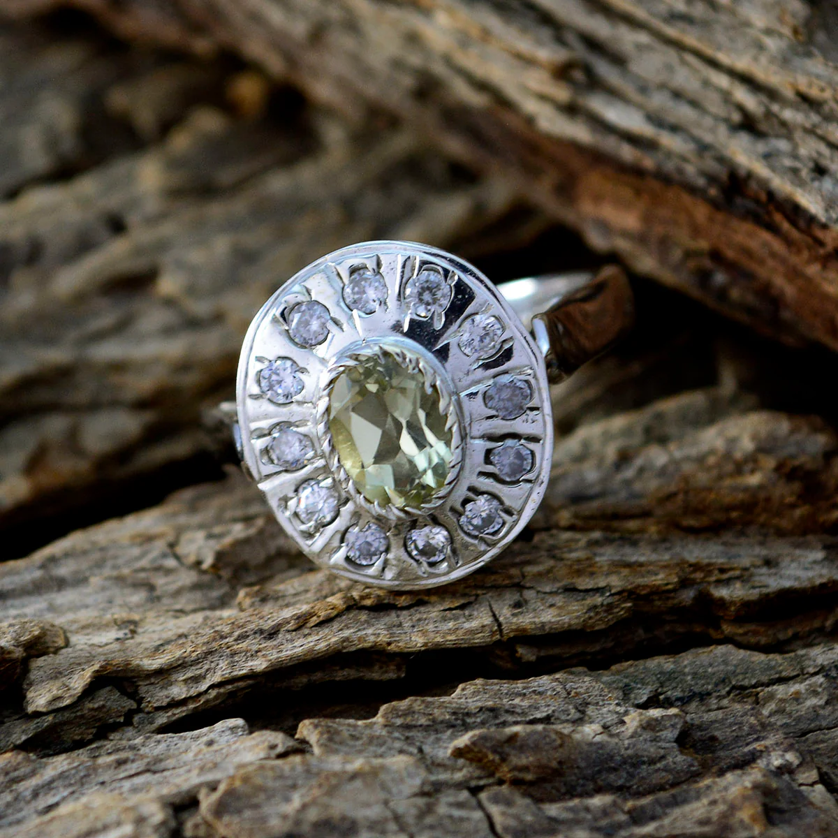 Lemon Quartz Halo Egyptian Sterling Silver Yellow Gems Tiny Glamorous Ring Jewelry - Image 4