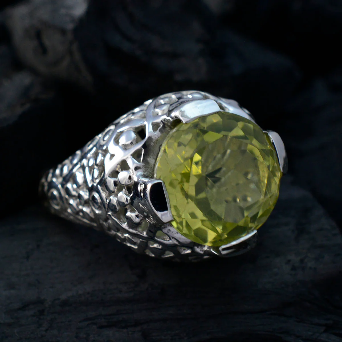 Lemon Quartz Solitaire Italian 92.5 Silver Yellow Gemstones Statement Filigree Ring Jewelry - Image 3