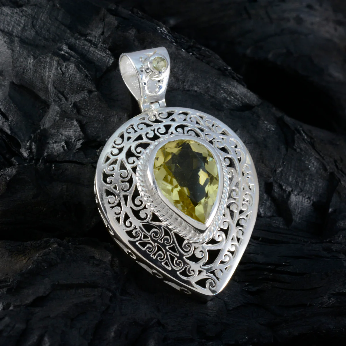Lemon Quartz Statement French Sterling Silver Solitaire Alice Filigree Yellow Pendant Jewellery - Image 2