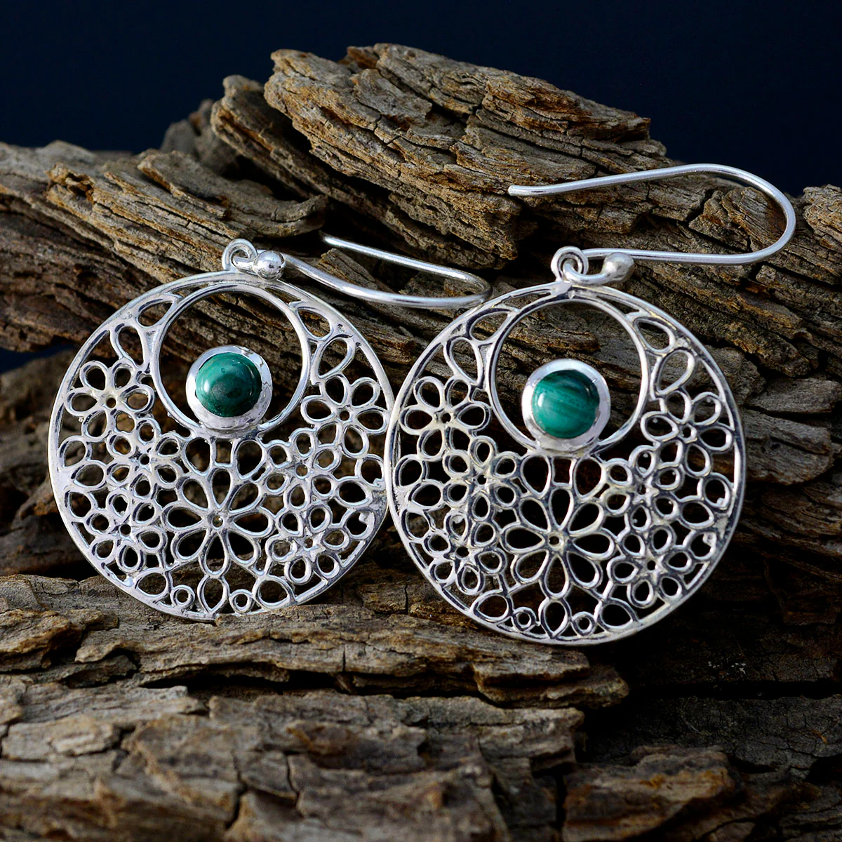 Malachite American Mia Solitaire Dangle Green 92.5 Silver Earring - Image 3