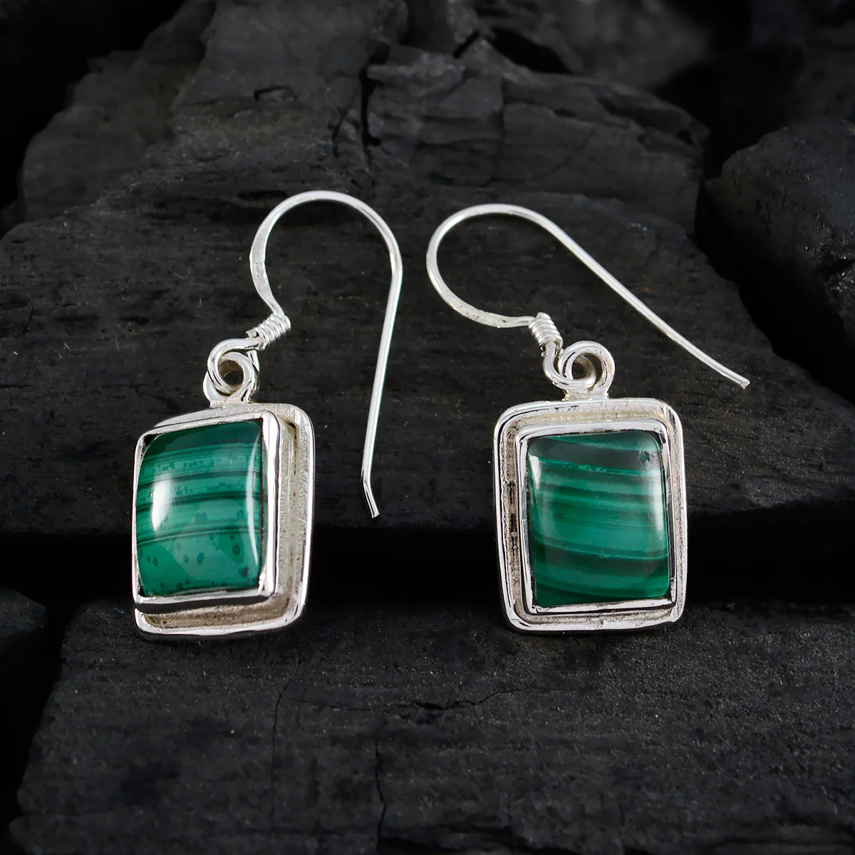 Malachite Moroccan Mathilde Solitaire Dangle Green Silver Earring - Image 2