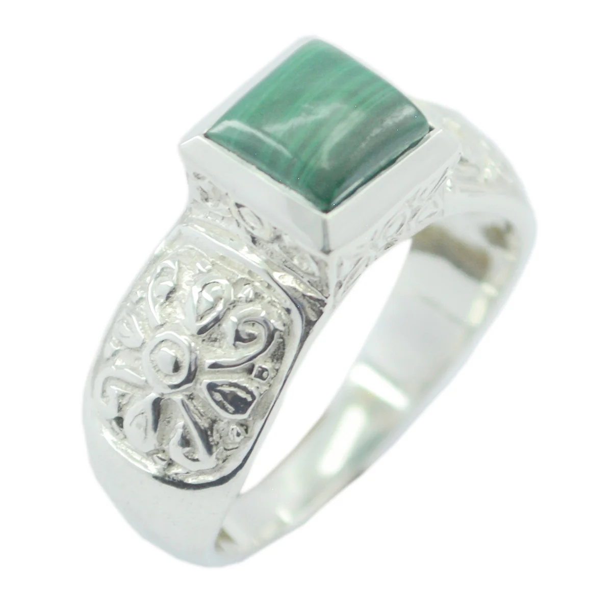 Malachite Solitaire Egyptian 925 Sterling Silver Green Gemstone Eye-catching Art Deco Ring Jewellery
