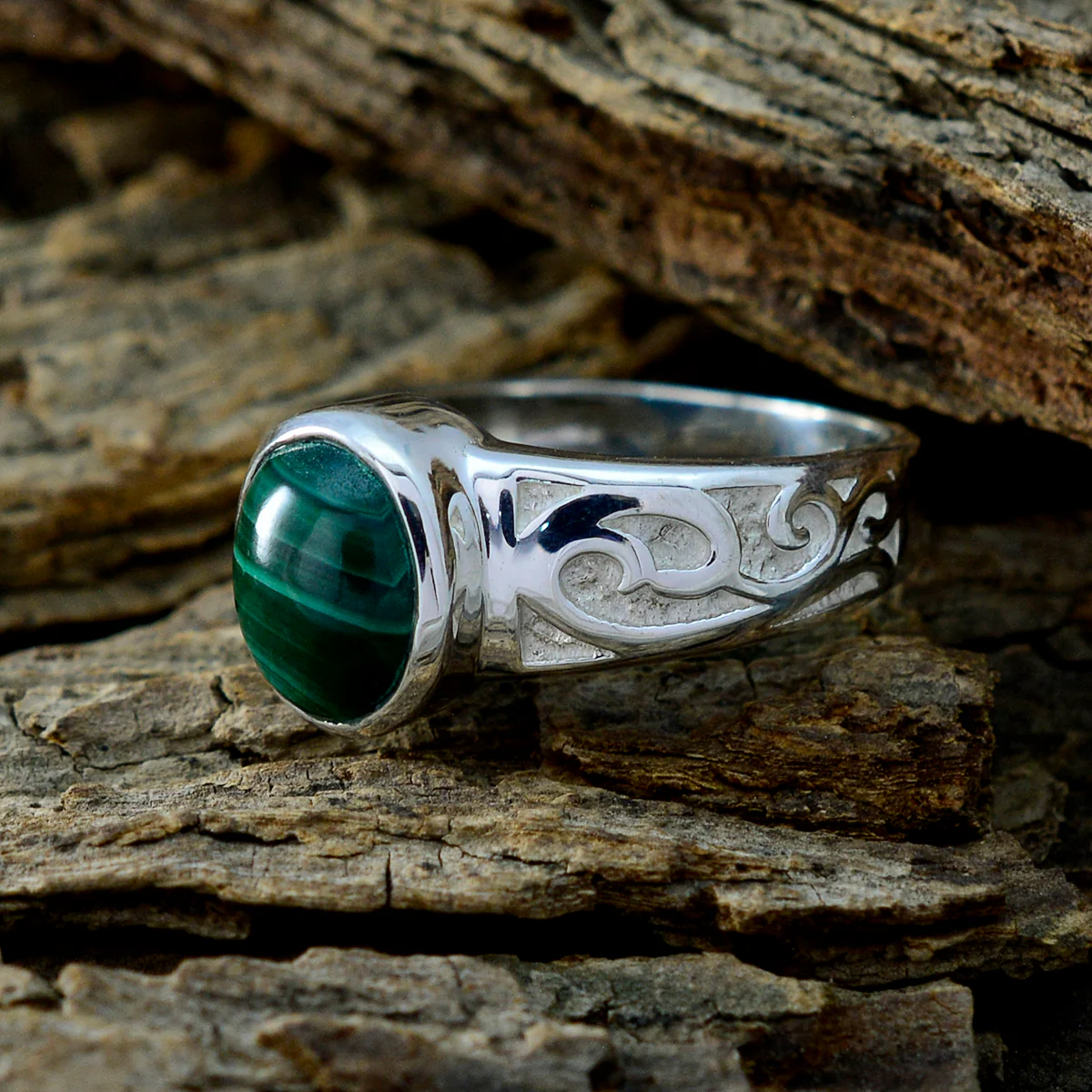 Malachite Solitaire Indian 92.5 Silver Green Gems Minimal Contemporary Ring Jewellery - Image 3