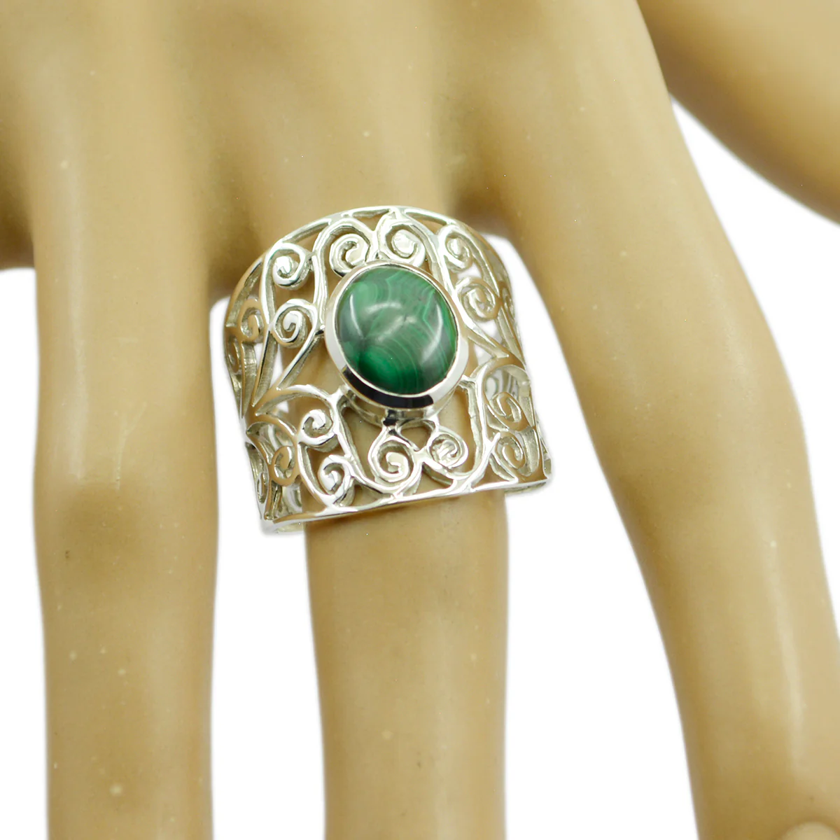 Malachite Solitaire Mexican 925 Silver Green Gemstone Eye-catching Filigree Ring Jewellery - Image 2