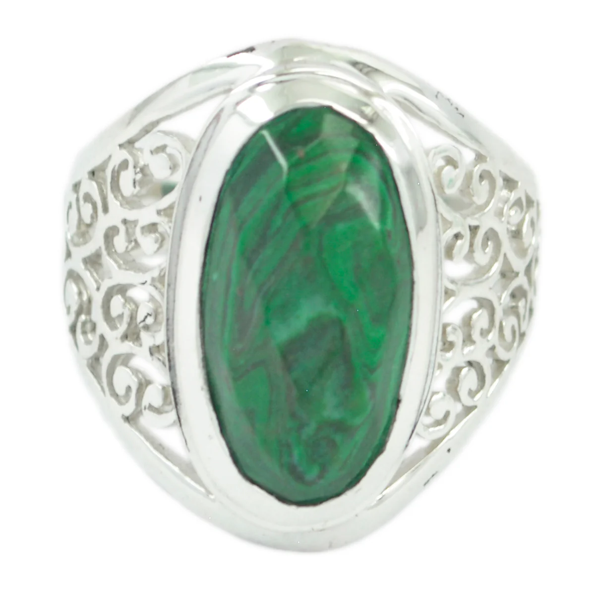 Malachite Solitaire Middle Eastern 925 Silver Green Gemstone Mid-weight Filigree Ring Jewelry