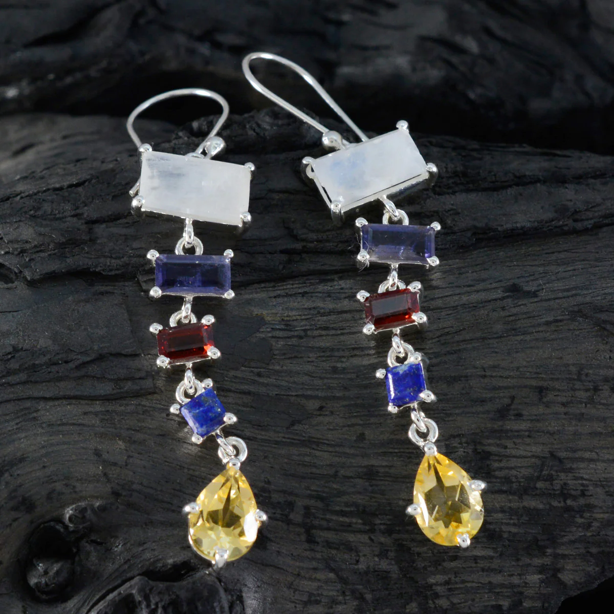 Multi American Violet Penta Dangle multicolor 925 Sterling Silver Earring - Image 2