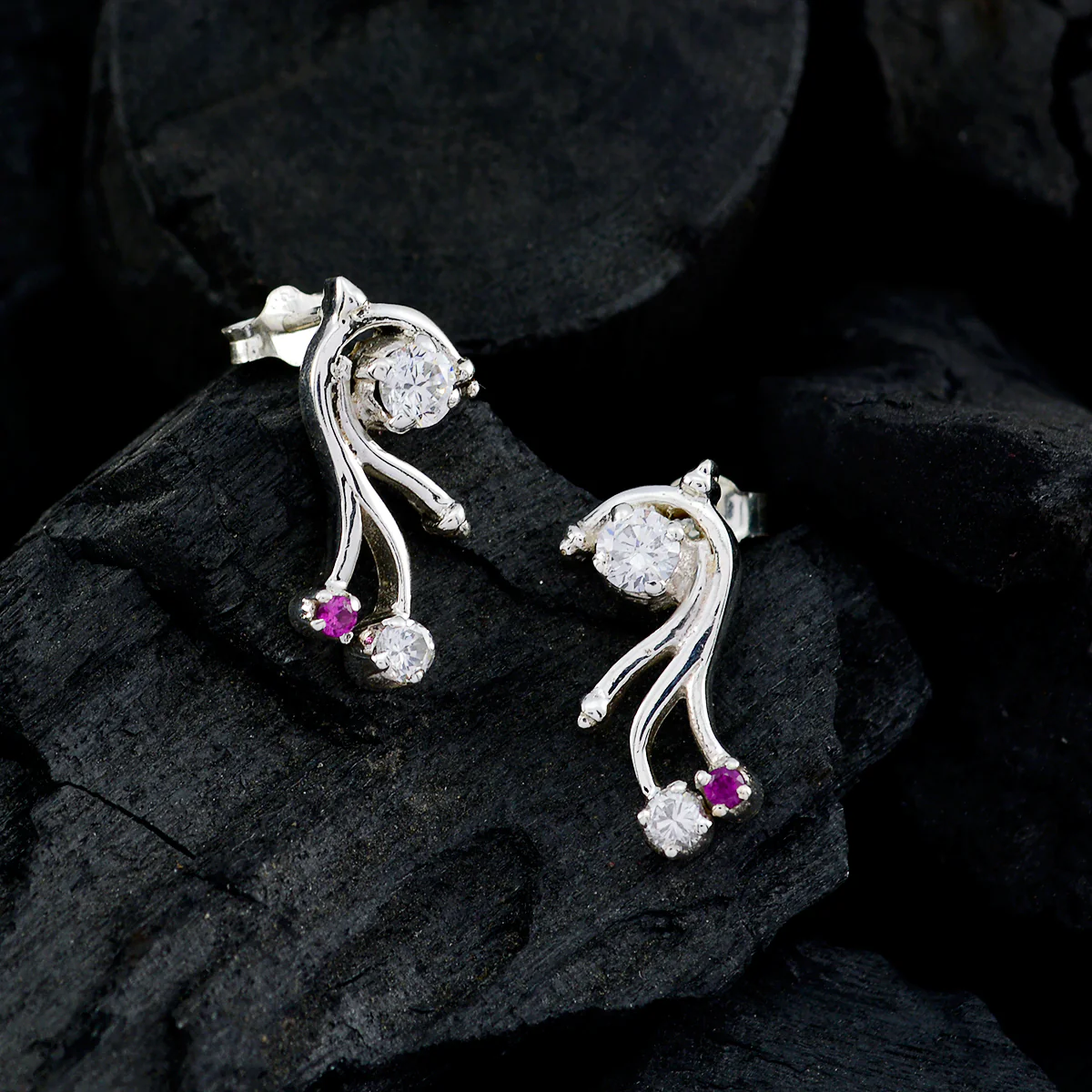 Multi CZ African Agnes multiple Stud multicolor 925 Sterling Silver Earring - Image 2