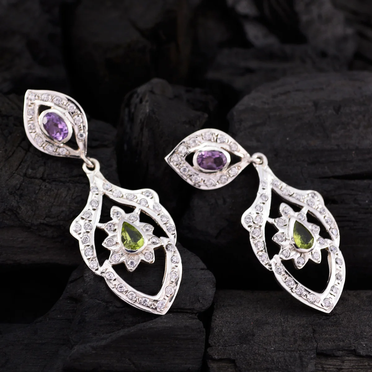 Multi CZ Indian Liyana multiple Stud multicolor Sterling Silver Earring - Image 4