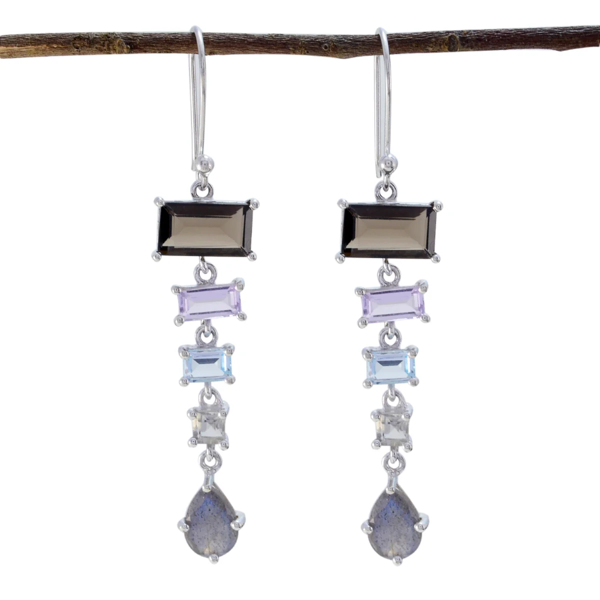 Multi French Aria multiple Dangle multicolor Silver Earring