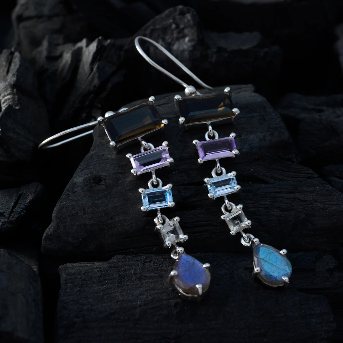 Multi French Aria multiple Dangle multicolor Silver Earring - Image 2