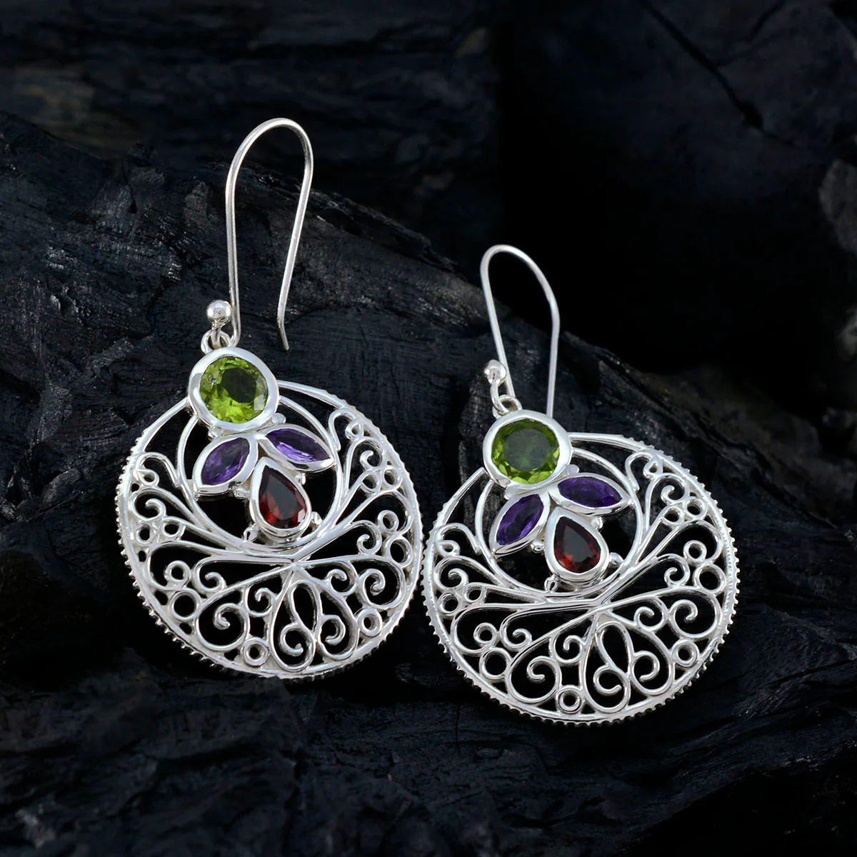 Multi Mexican Josephine quarter Dangle multicolor 92.5 Silver Earring - Image 2