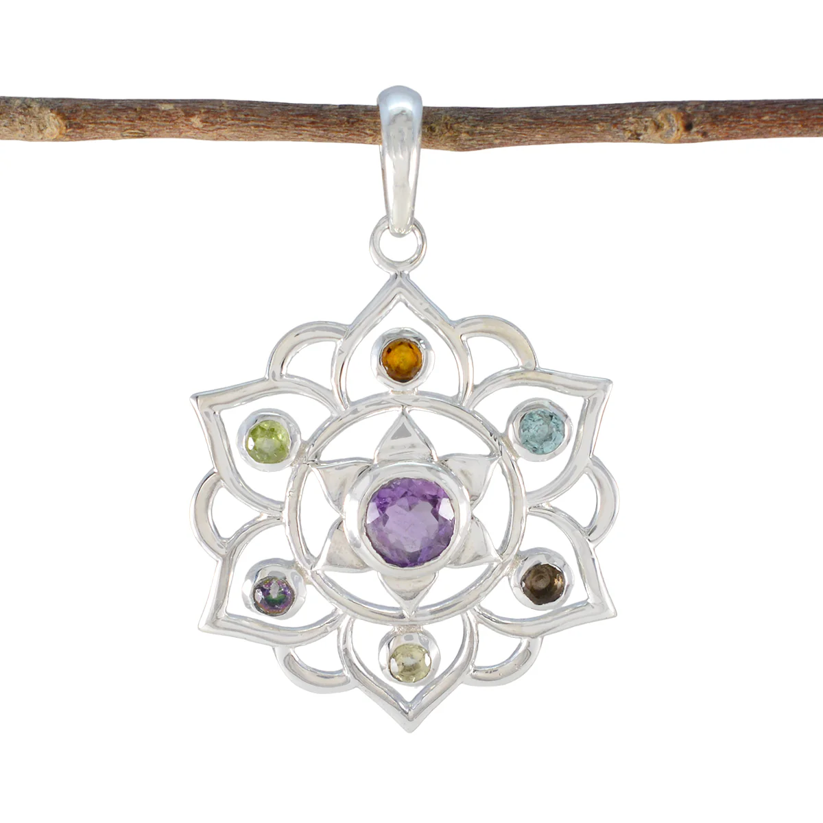 Multi Stone Classic Turkish Sterling Silver Hepta Olivia Rope-Wire multicolor Pendant Jewellery