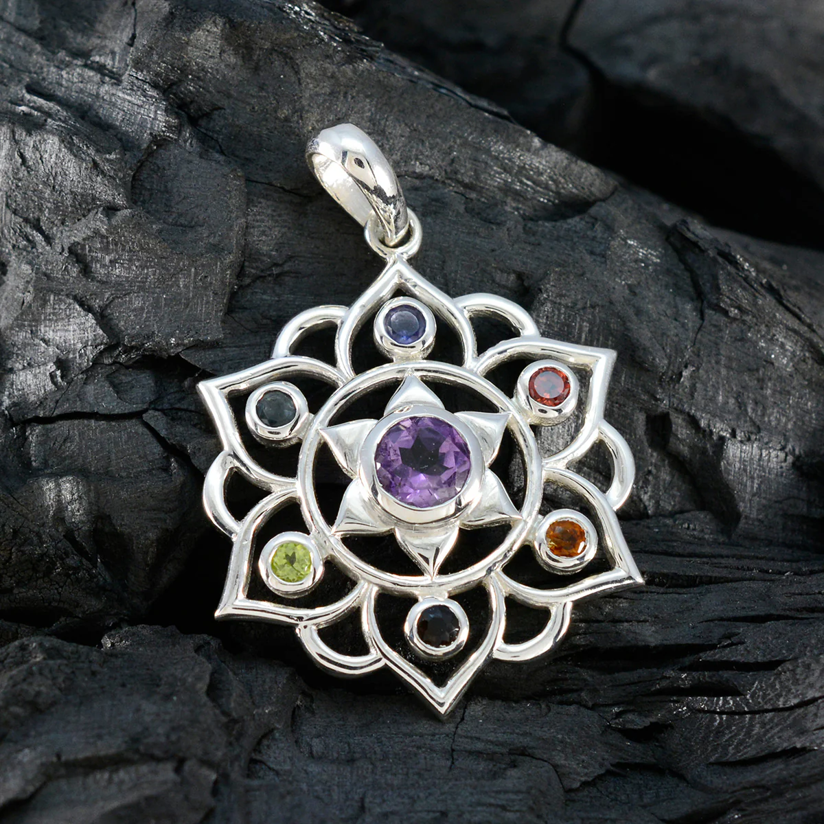 Multi Stone Eye-catching Moroccan 92.5 Silver Hepta Ida antique multicolor Pendant Jewellery - Image 4
