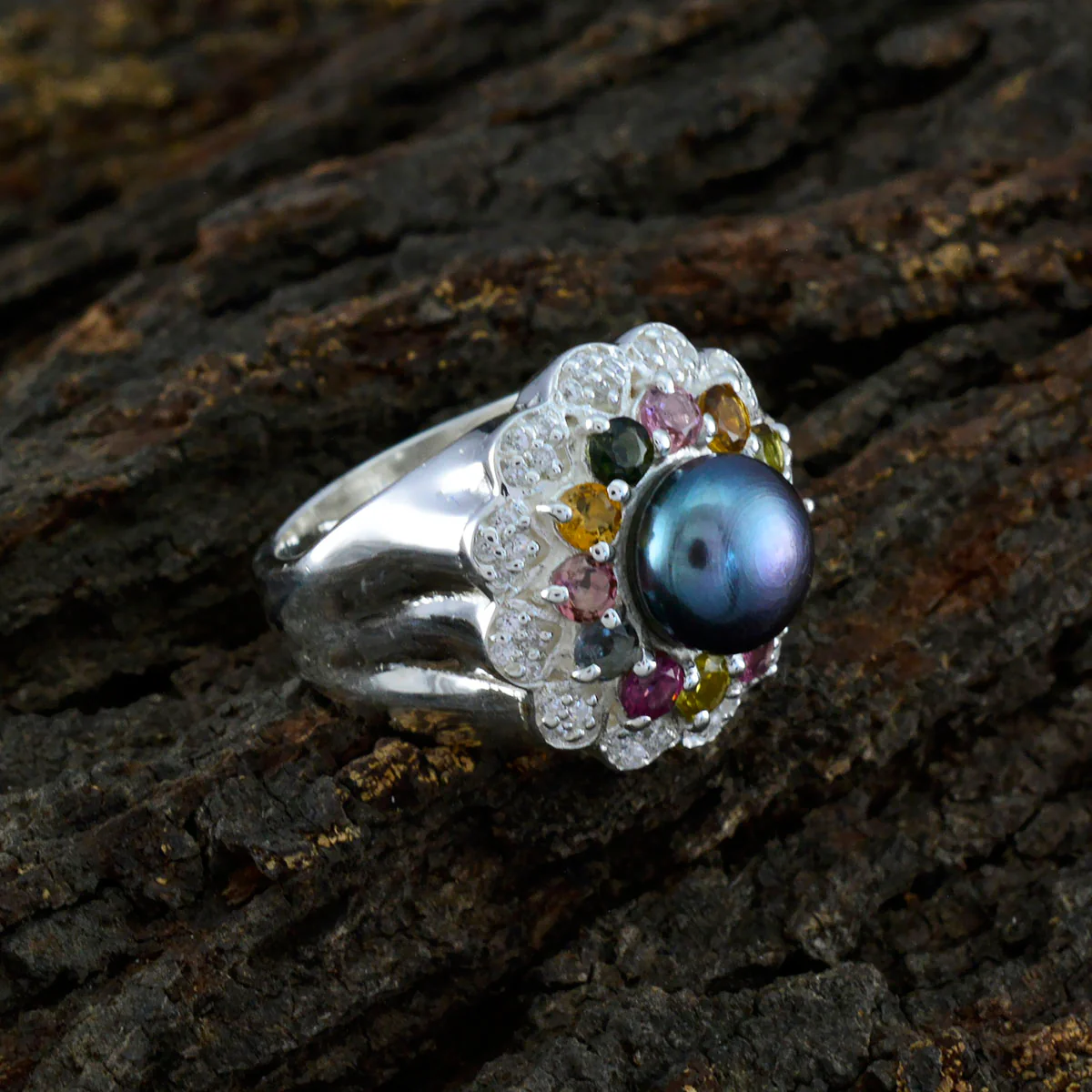 Multi Stone Halo French 925 Sterling Silver multicolor Gems Statement Cocktail Ring Jewellery - Image 3