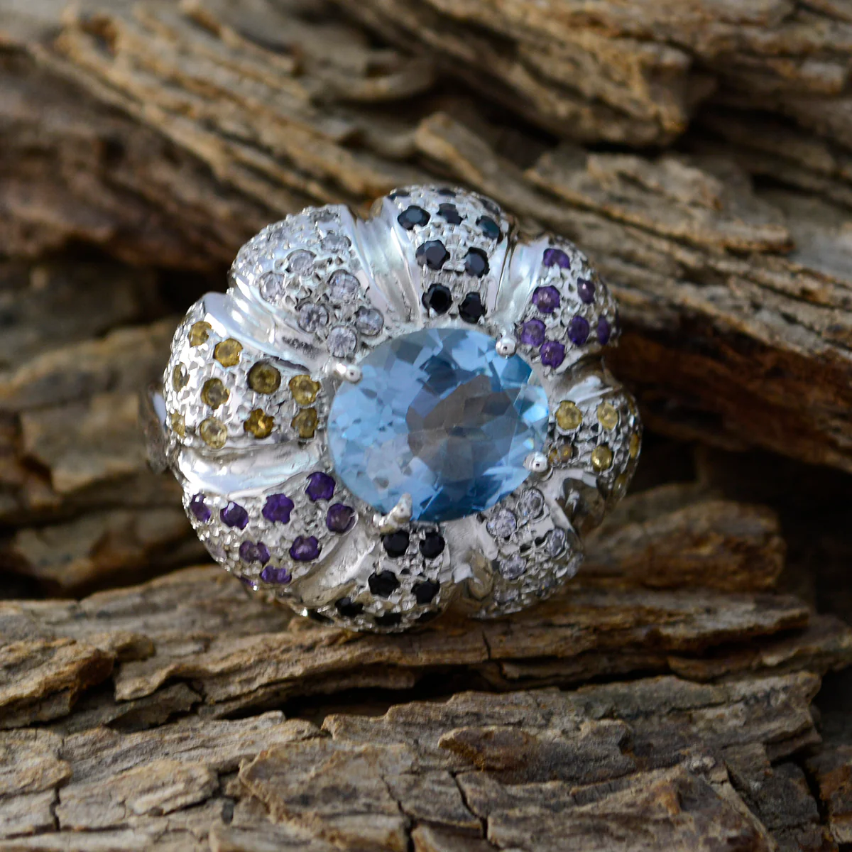 Multi Stone Halo French 925 Sterling Silver multicolor Gemstone Statement Cocktail Ring Jewellery - Image 4