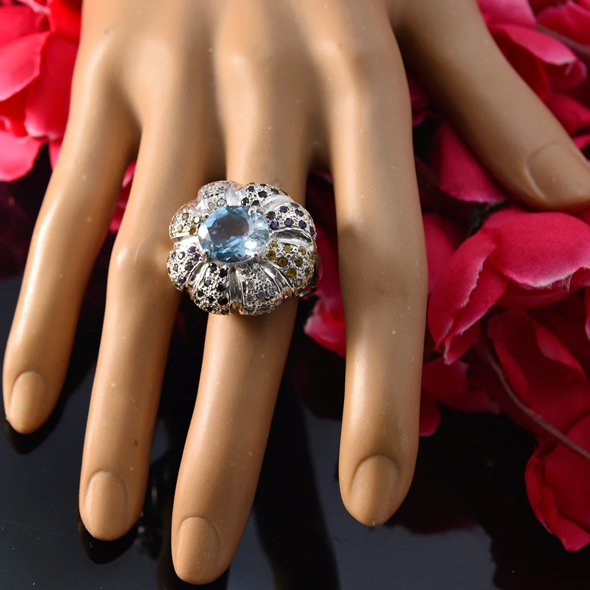 Multi Stone Halo French 925 Sterling Silver multicolor Gemstone Statement Cocktail Ring Jewellery - Image 6