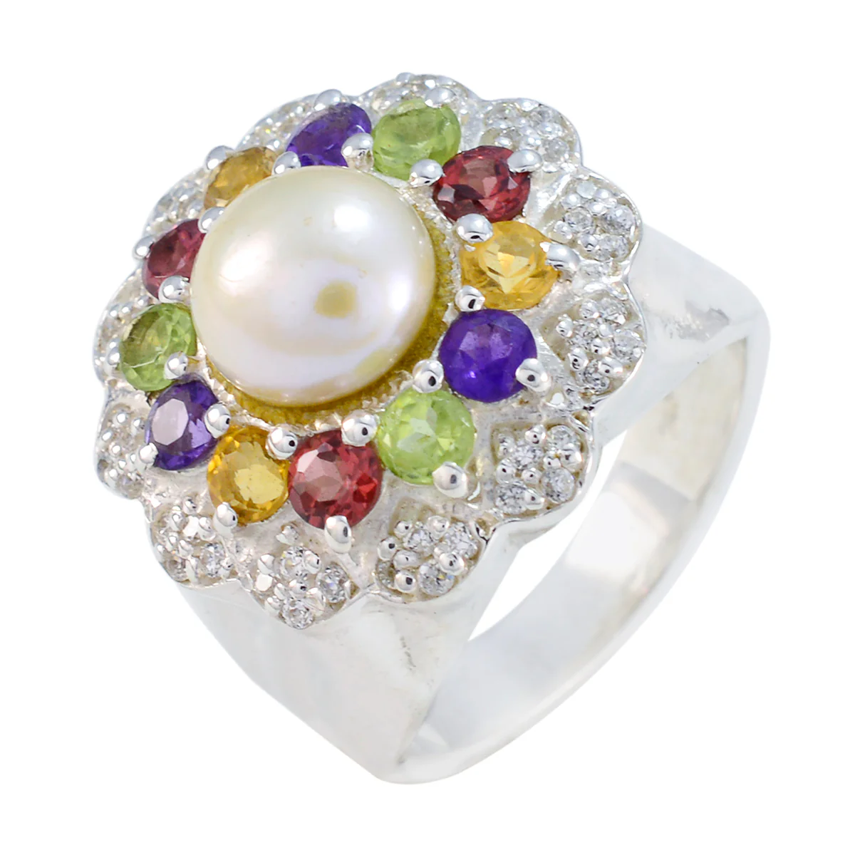 Multi Stone Halo French Silver multicolor Gemstone Statement Cocktail Ring Jewelry - Image 2