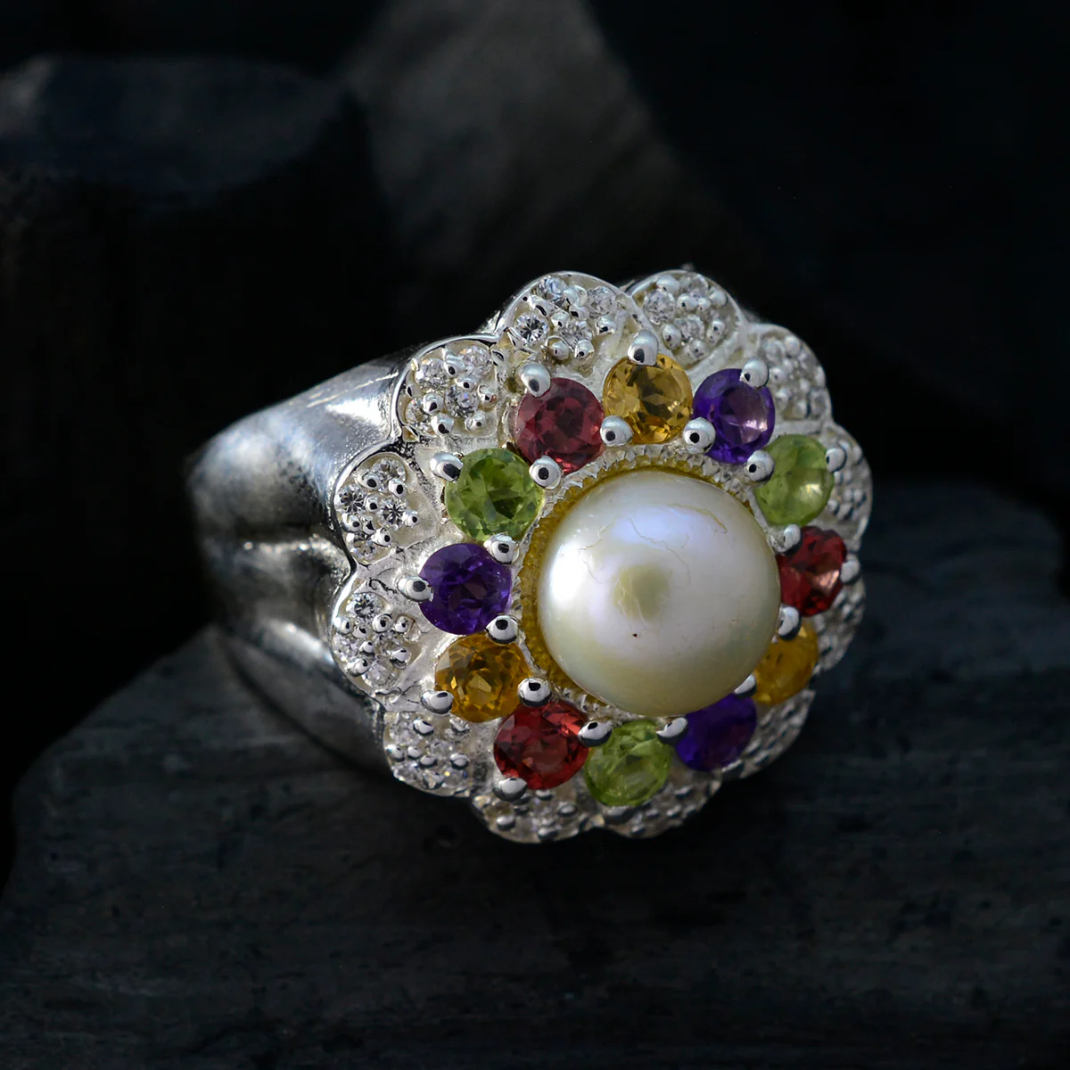Multi Stone Halo French Silver multicolor Gemstone Statement Cocktail Ring Jewelry - Image 4