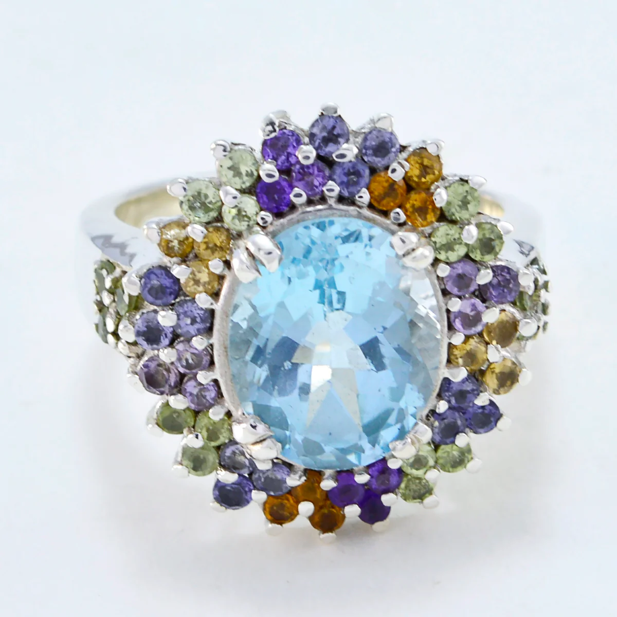 Multi Stone Halo German 925 Sterling Silver multicolor Gems Versatile Cocktail Ring Jewelry - Image 2