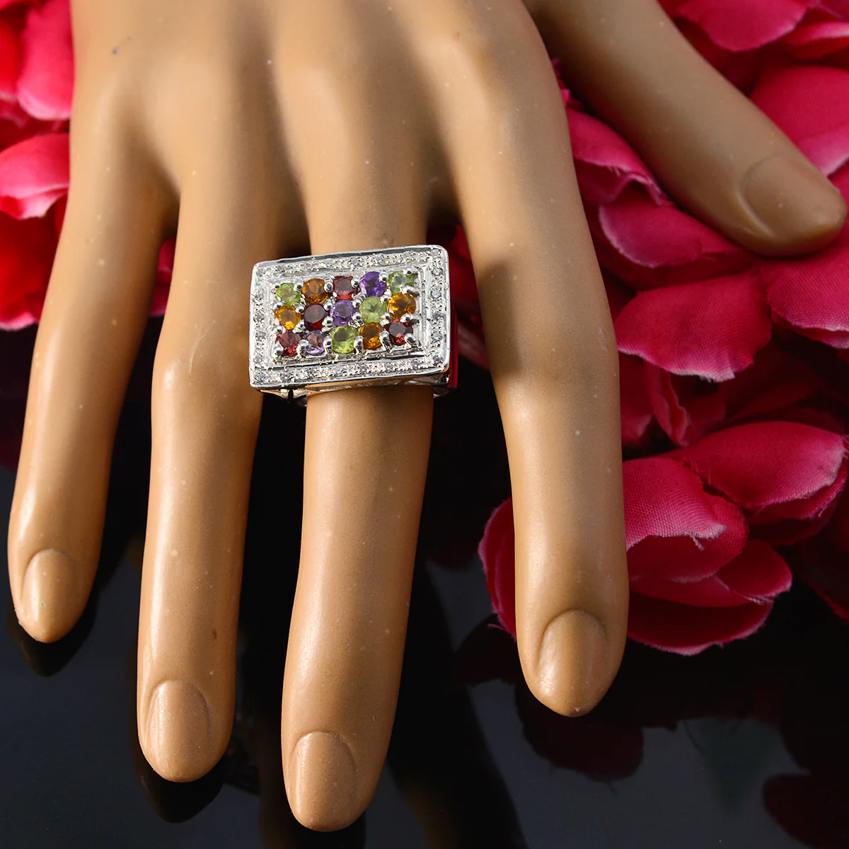 Multi Stone Halo Russian 92.5 Silver multicolor Gemstones Essential Cocktail Ring Jewellery - Image 6