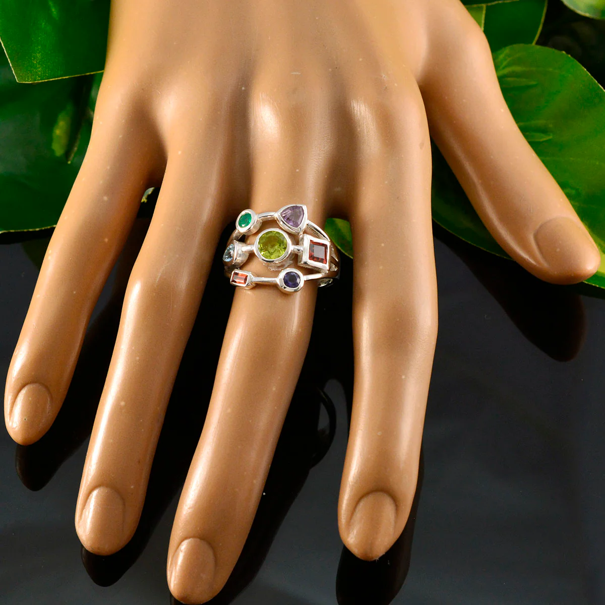Multi Stone Hepta African Silver multicolor Gems Featherlight Abstract Ring Jewelry - Image 5