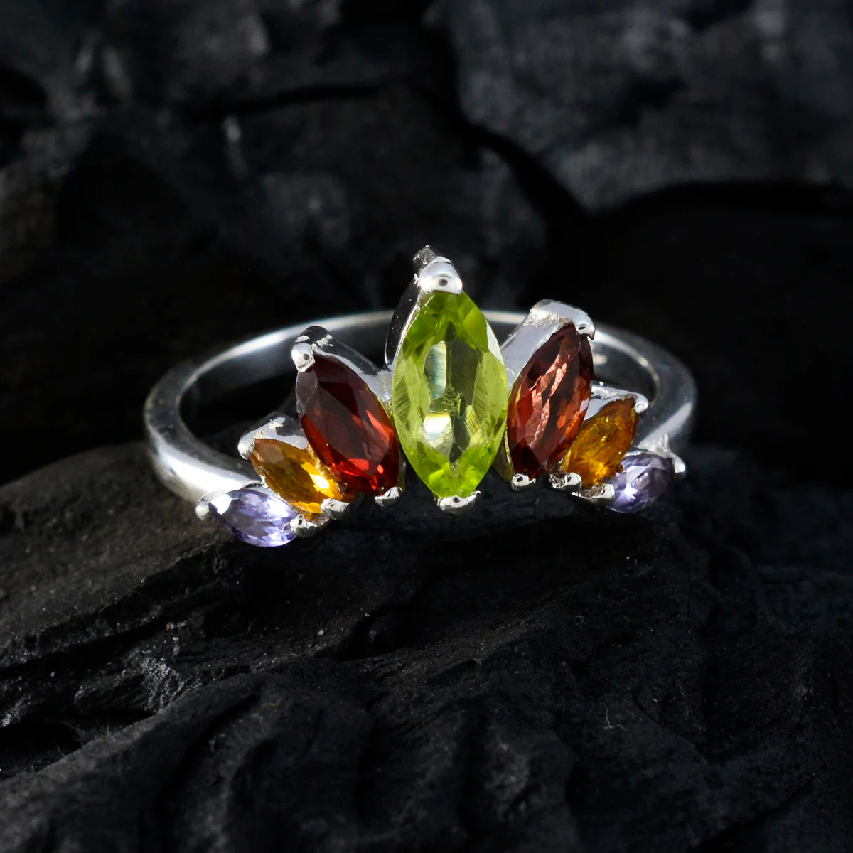 Multi Stone Hepta American Sterling Silver multicolor Gemstones Dainty crown Ring Jewelry - Image 5