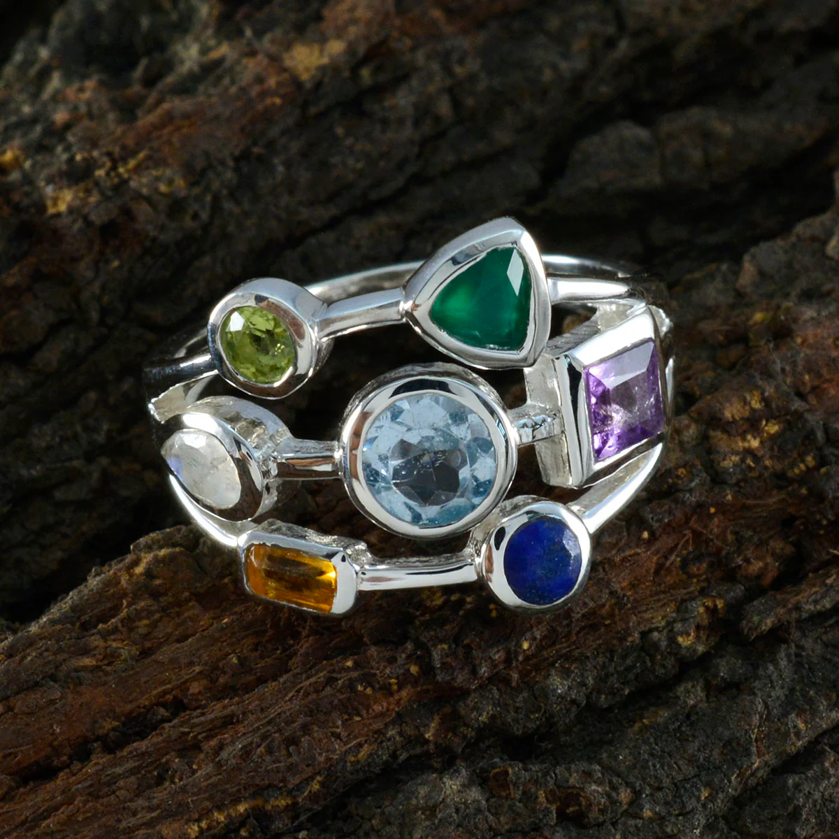 Multi Stone Hepta Egyptian 92.5 Silver multicolor Gems Featherlight Cocktail Ring Jewellery - Image 3