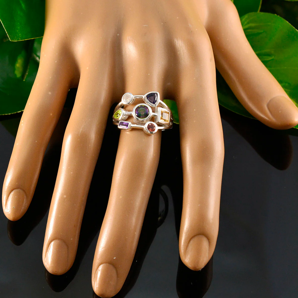 Multi Stone Hepta German Silver multicolor Gemstones Featherlight Cocktail Ring Jewellery - Image 5