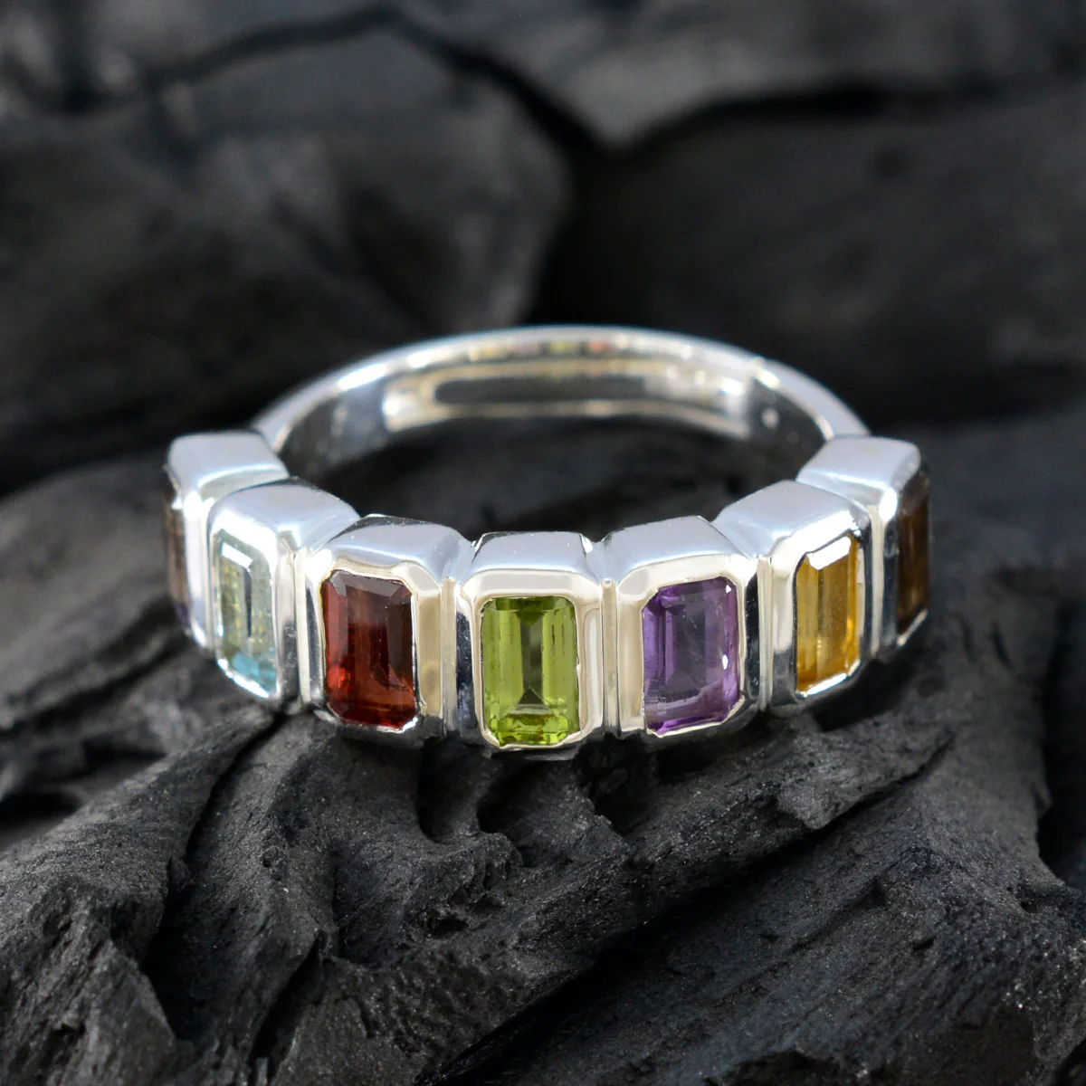 Multi Stone Hepta Indian 92.5 Silver multicolor Gemstone Featherlight Modern Band Jewellery - Image 4