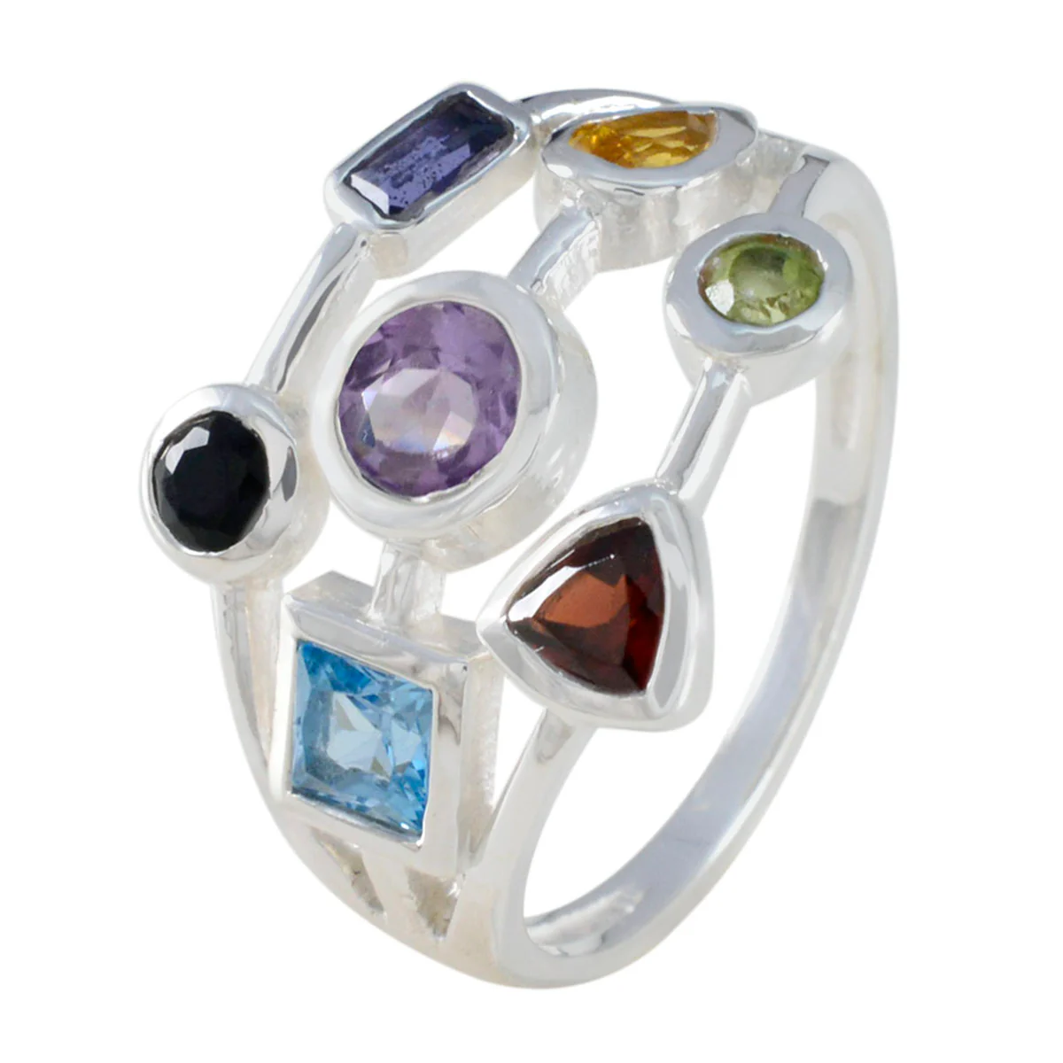 Multi Stone Hepta Indian 925 Sterling Silver multicolor Gemstones Featherlight Contemporary Ring Jewellery - Image 2