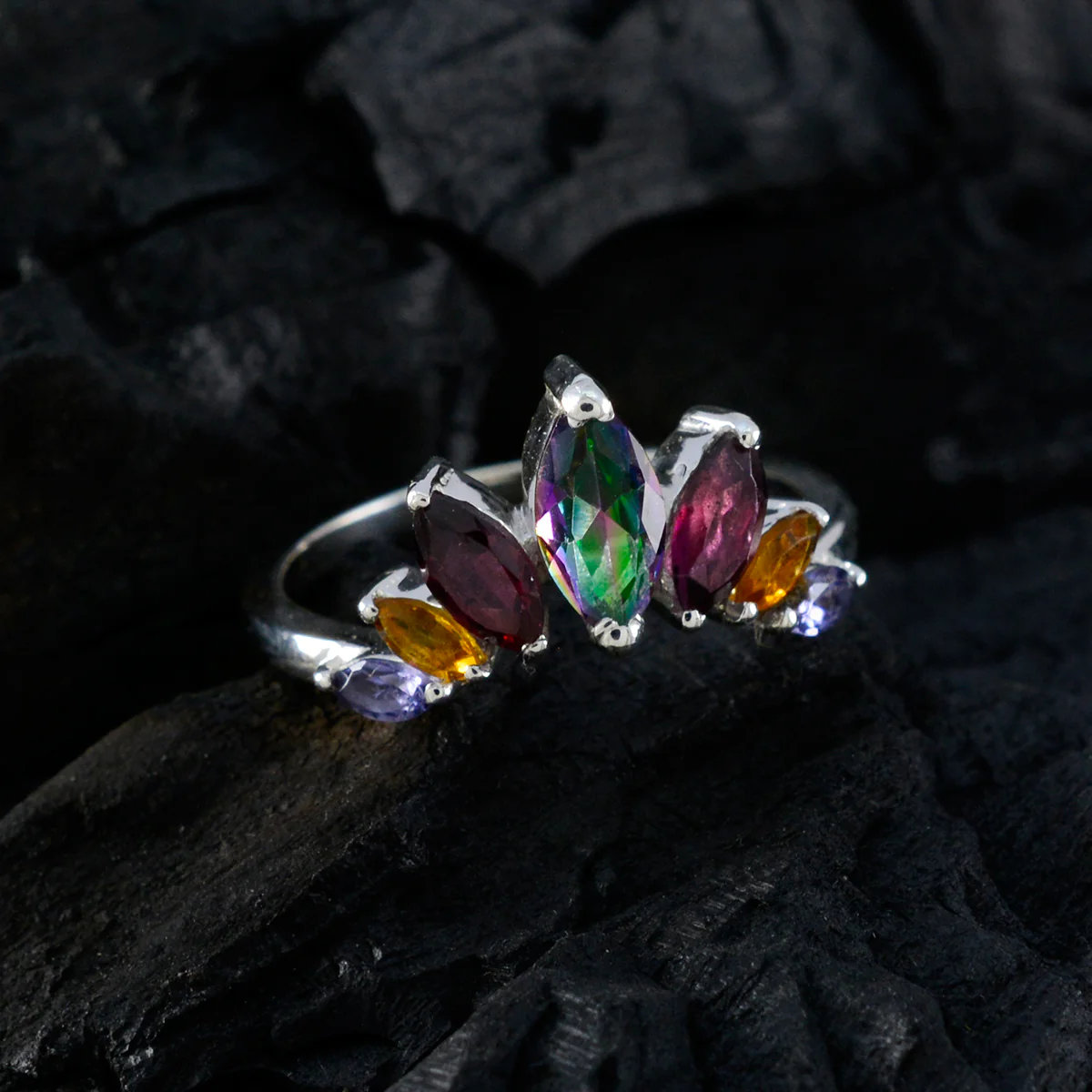 Multi Stone Hepta Turkish Sterling Silver multicolor Gems Dainty crown Ring Jewellery - Image 5