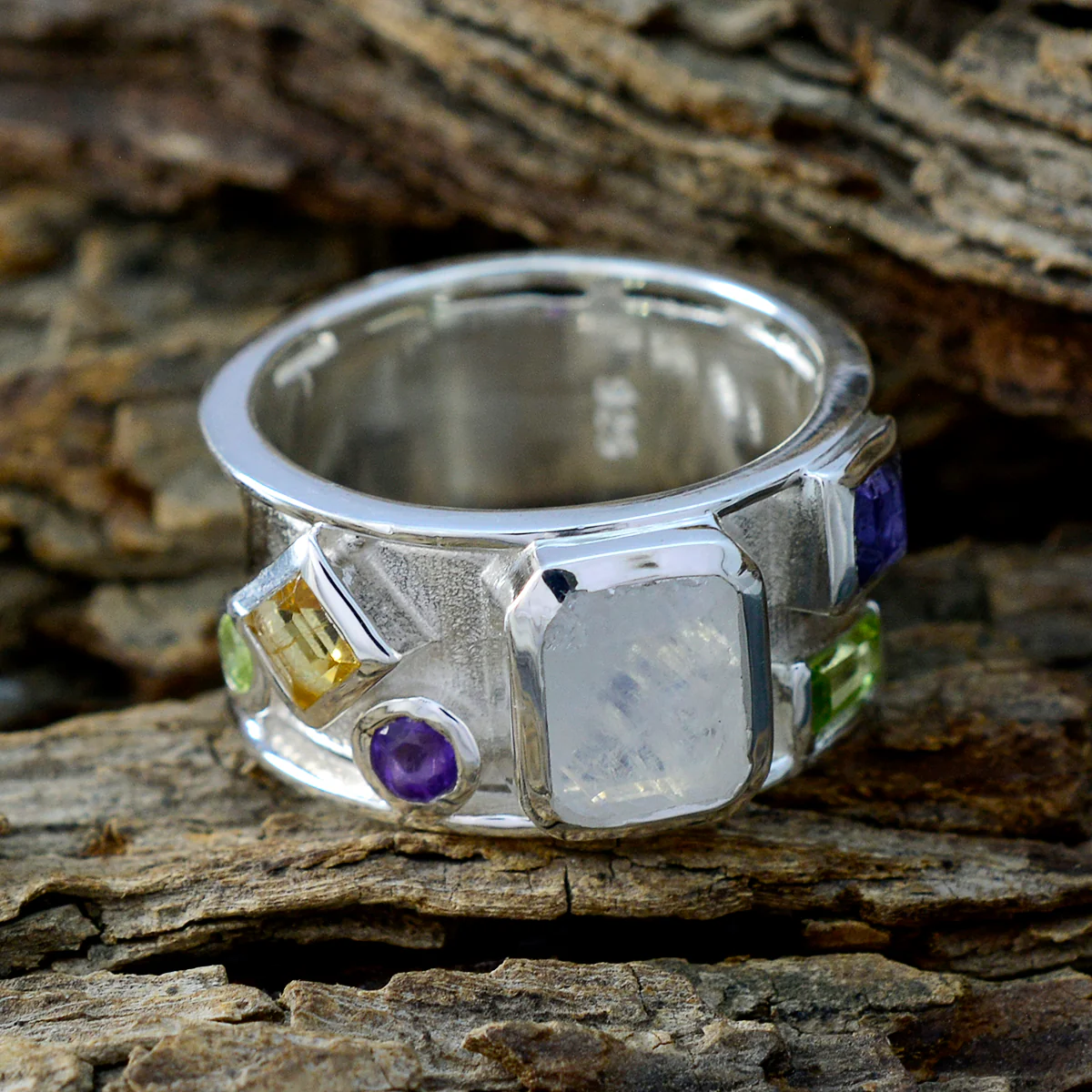 Multi Stone Hexa Moroccan 92.5 Silver multicolor Gemstones Essential Abstract Band Jewellery - Image 3