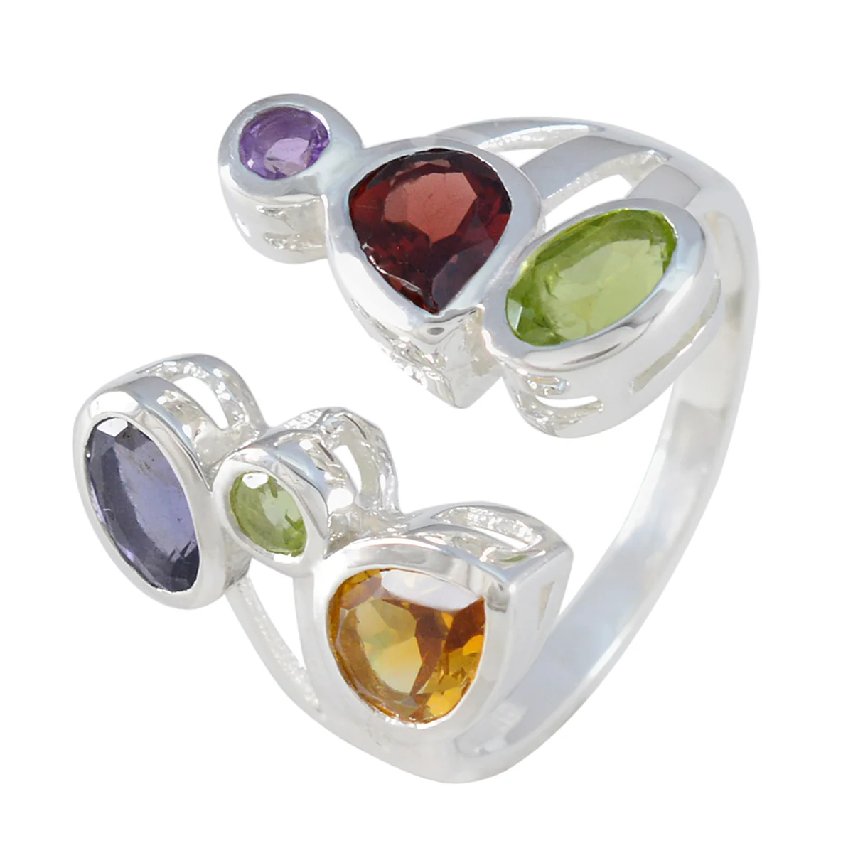 Multi Stone Hexa Moroccan Silver multicolor Gemstones Tiny Cocktail Ring Jewelry - Image 2