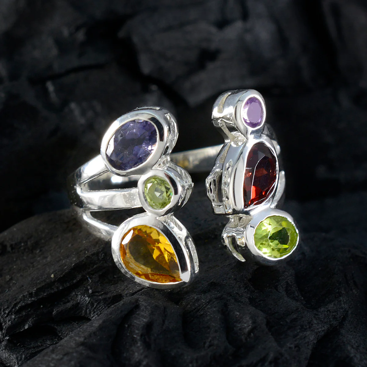 Multi Stone Hexa Moroccan Silver multicolor Gemstones Tiny Cocktail Ring Jewelry - Image 4