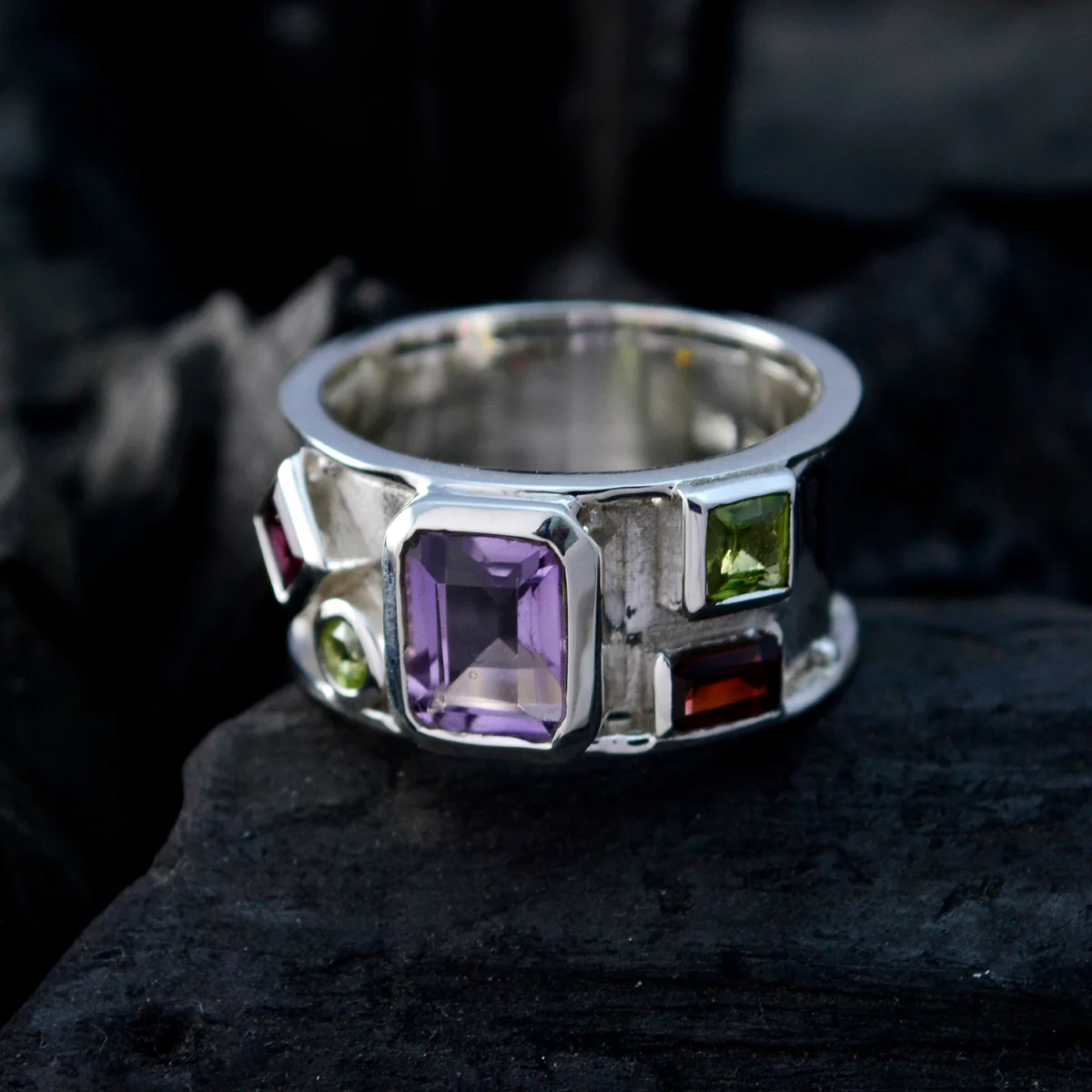 Multi Stone Hexa Russian 925 Silver multicolor Gems Versatile Abstract Band Jewellery - Image 4