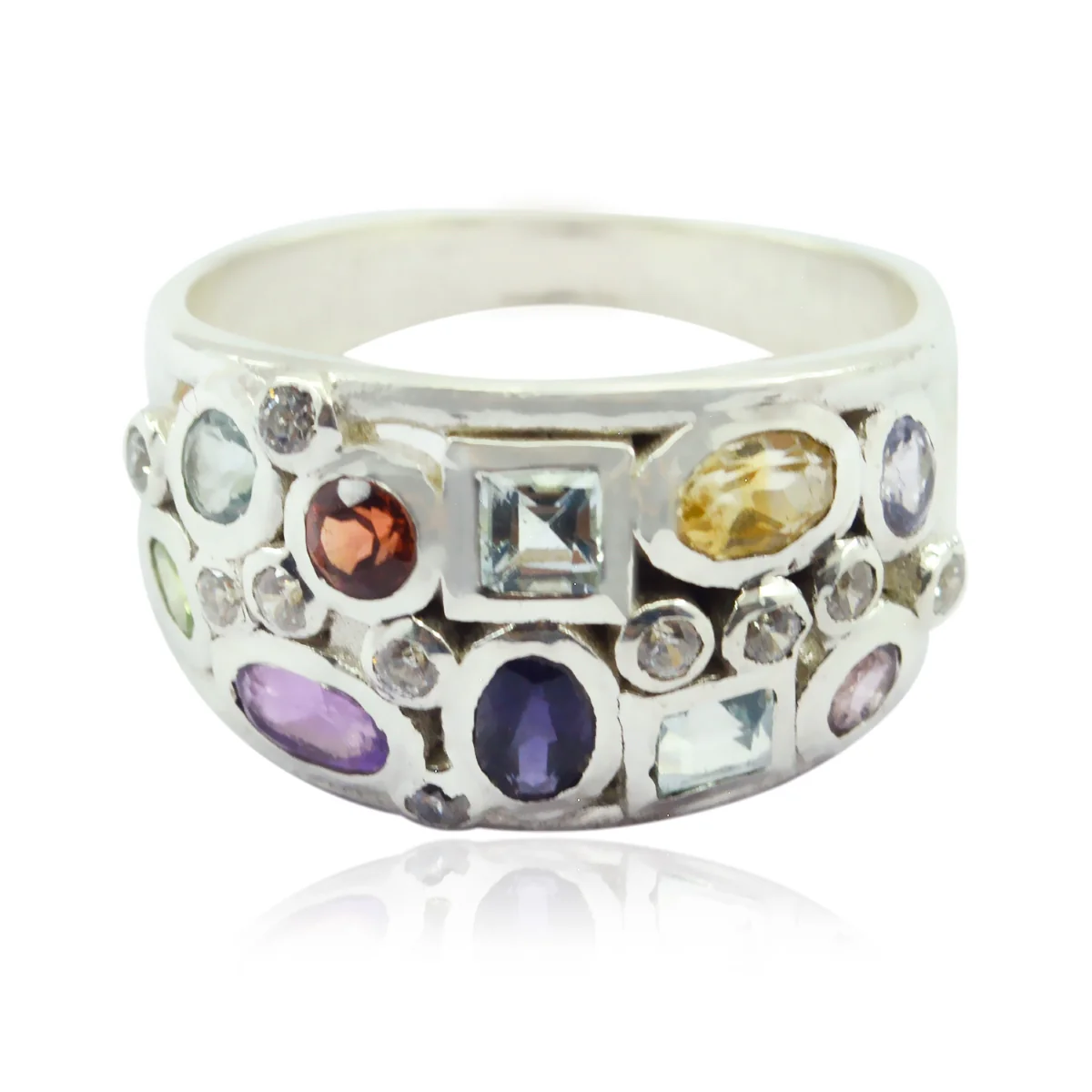 Multi Stone multiple African Silver multicolor Gemstone Mid-weight Sophisticated Ring Jewelry