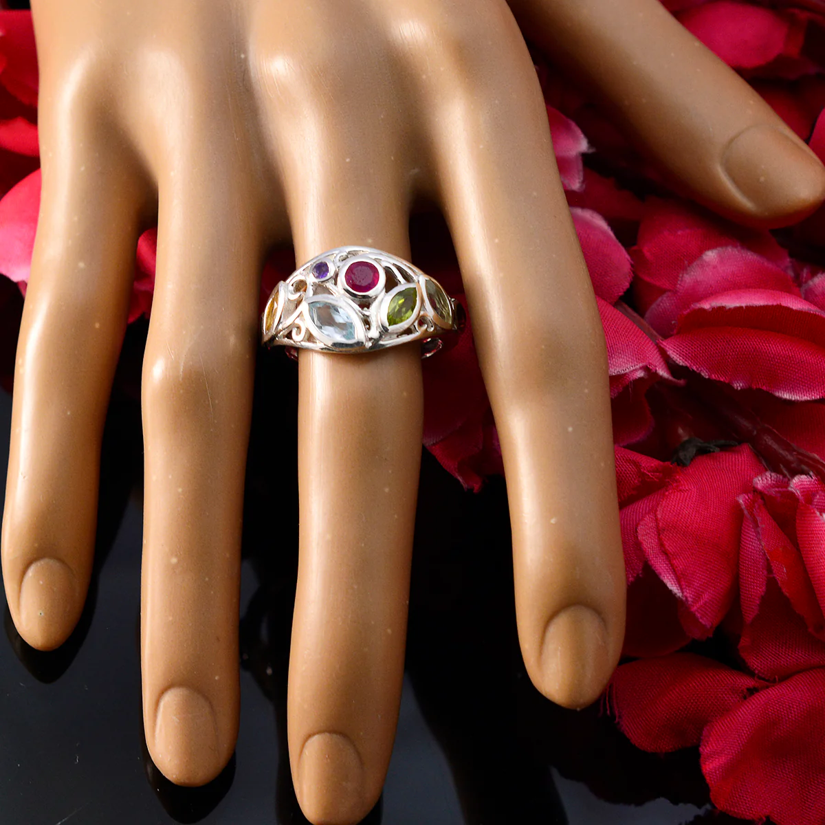 Multi Stone multiple Egyptian 92.5 Silver multicolor Gemstone Minimal Cocktail Ring Jewellery - Image 5