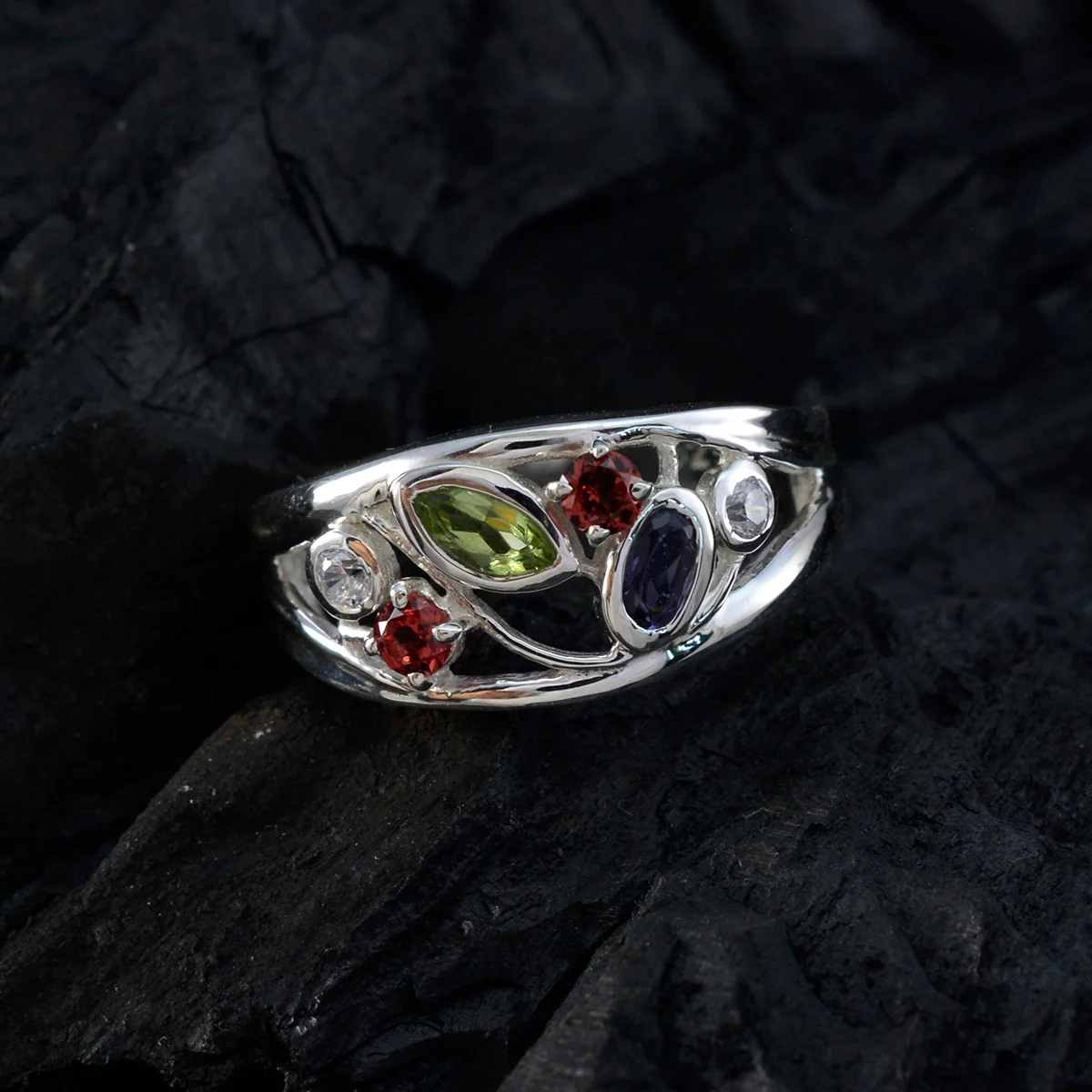 Multi Stone multiple Egyptian 925 Silver multicolor Gems Tiny Luxurious Ring Jewellery - Image 4
