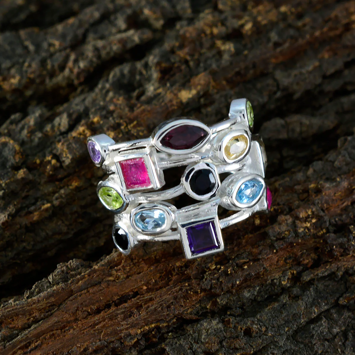 Multi Stone multiple Egyptian Silver multicolor Gemstones Eye-catching Cocktail Ring Jewellery - Image 3